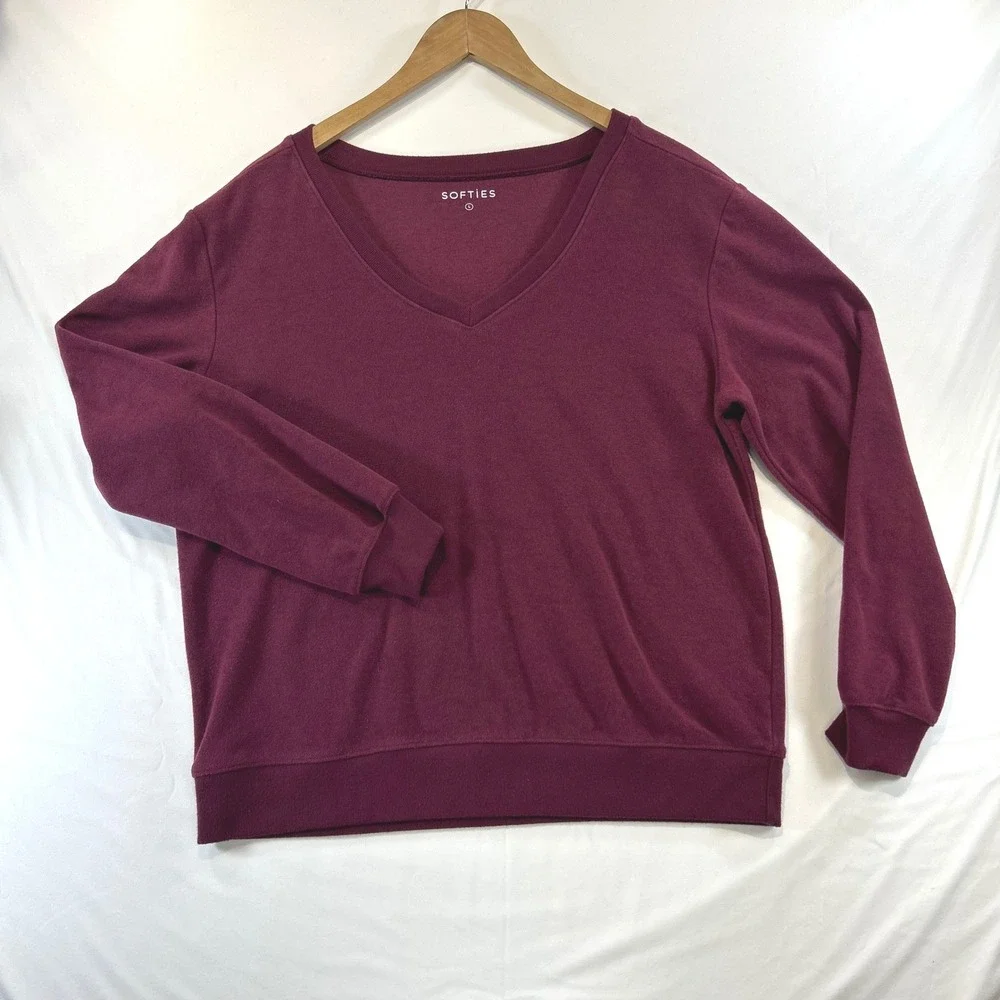 Softies Cozy Minimalist Lounge Set Large Wide Leg V-Neck Two Piece Burgundy